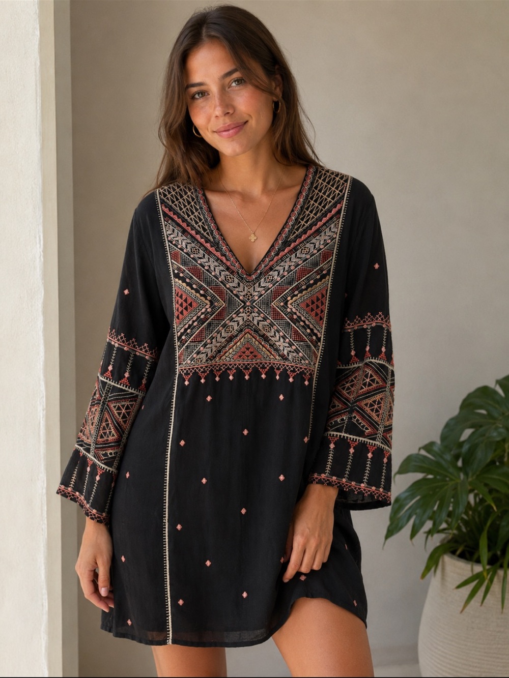 Johnny Was Black V-Neck Embroidered Thora Tunic Dress with Rust and Cream